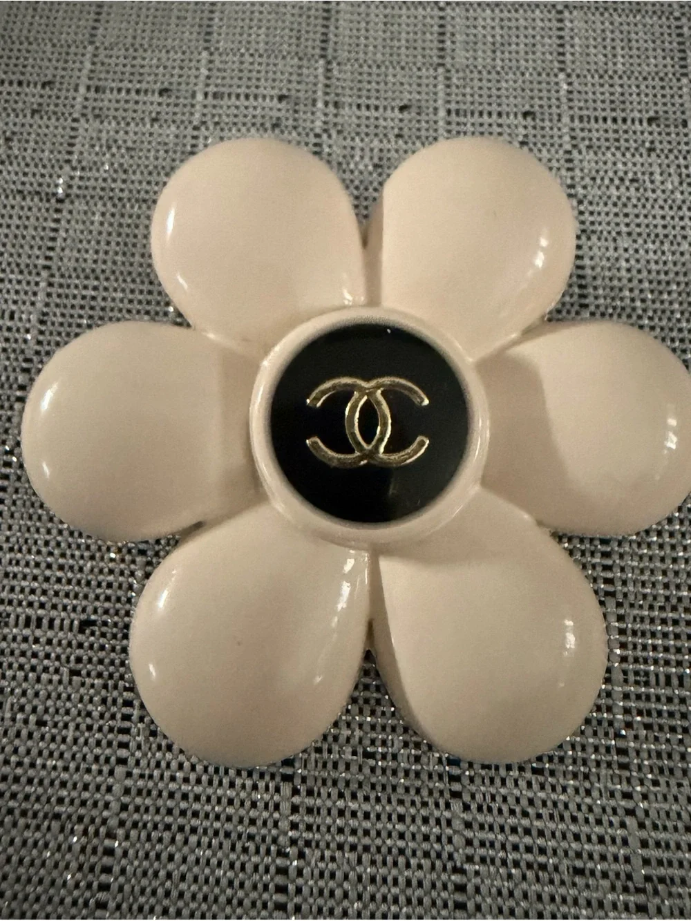 Chanel Flower Brooch in Cream with Black & Gold Logo veneto.co.in